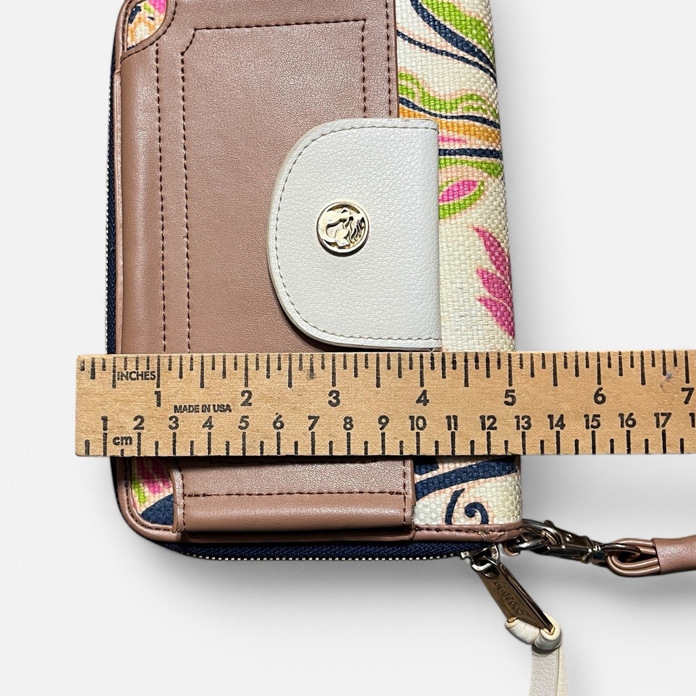 Spartina 449 Wristlet Wallet Brown‎ Leather Colorful Paisley Linen Phone Pocket - Picture 9 of 11